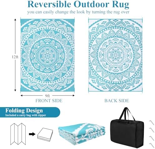 Bsmathom Waterproof Outdoor Rug 9x12ft Large Reversible Boho Plastic Straw Patio Deck Camping Rugs, Indoor Outdoor Portable RV Mat Carpet for Outside, Porch, Balcony, Backyard, Beach, Pool,Teal - Image 2