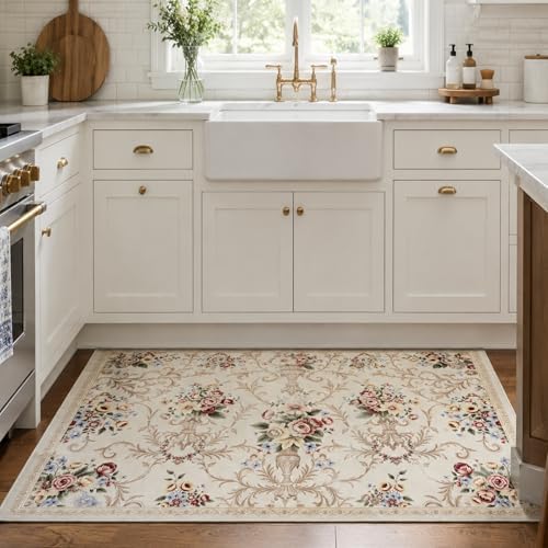 Helthep 5 * 7ft White Vintage Floral Washable Area Rug for Living Room - Image 4