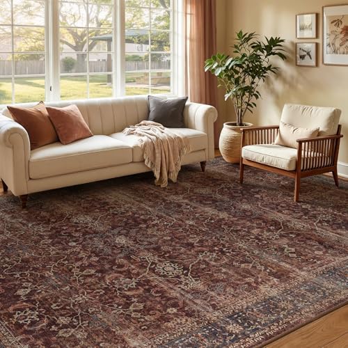 Living Room Rugs 6x8, Vintage Farmhouse Area Rugs for Bedroom Dining Room, Washable Non Slip Low Pile Thin Carpet Rug for Guest Room Home Office, Distressed Earth Tone Brick Red by Jainmy