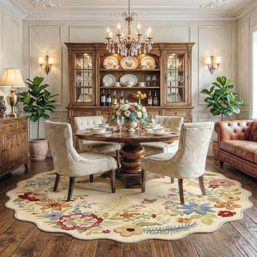 FMFUNCTEX 5ft Round Washable Beige Boho Scalloped Area Rug for Living Room - Image 3