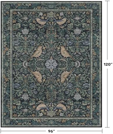Dark Blue and Green Washable 8x10 Area Rugs for Living Room - Soft Non Slip Botanical Rug for Dining Room Under Table, Bedroom Under Bed, Vintage Large Carpet Decor Stain Resistant - Image 2