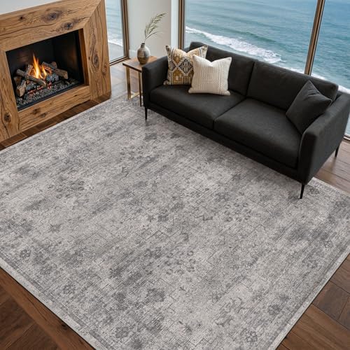 Washable 5x7 Modern Dusty Grey Area Rug for Dining Room Under Table, Bedroom, Minimalist Neutral Scandinavian Distressed Geometric Large Rugs for Living Room, Stain Resistant Low Pile Anti-Slip - Image 3