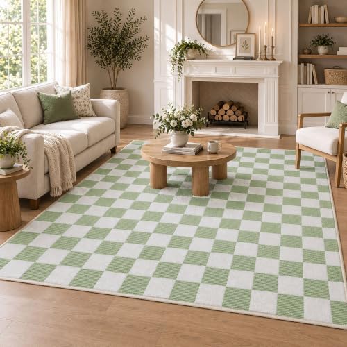 5x7 Checkered Area Rug for Living Room, Soft Low Pile Light Green rugs by Unknown