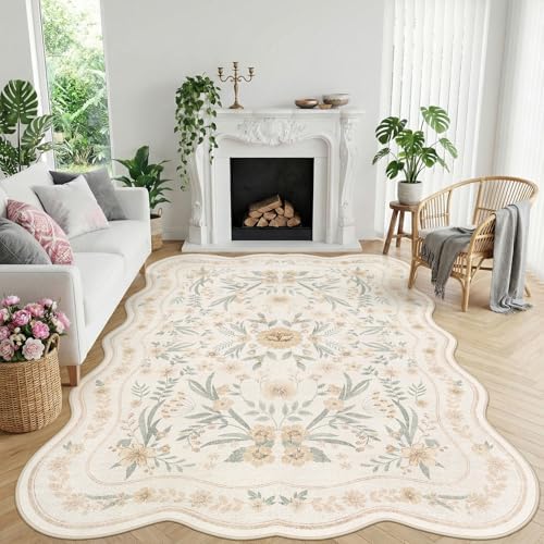 Scalloped Floral Rug 7x9, Neutral Beige Washable Non Slip Area Rug for Living Room, Soft Low Pile Cream Cottagecore Rug for Bedroom, Nursery, or Dining Room by Dadasgk