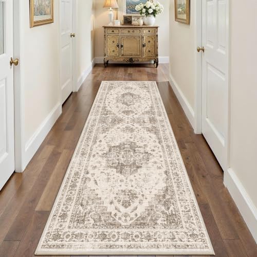 2.6x8 Washable Kitchen Runner Rug Soft Medallion Taupe Throw Carpet - Image 3