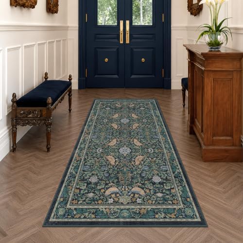 Blue 3x6 Washable Rug for Large Entryway - Boho Bird Rugs for Kitchen, Bedroom Bedside, Indoor Entrance Door Mat with Woodland Flowers, Non-Slip Stain Resistant Low Pile by HazoHaus