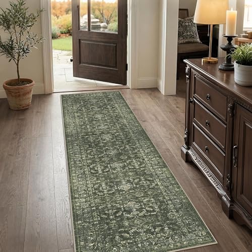 2x8 Washable Kitchen Runner Rug Non-Slip Boho Dark Green Throw Carpet - Image 2