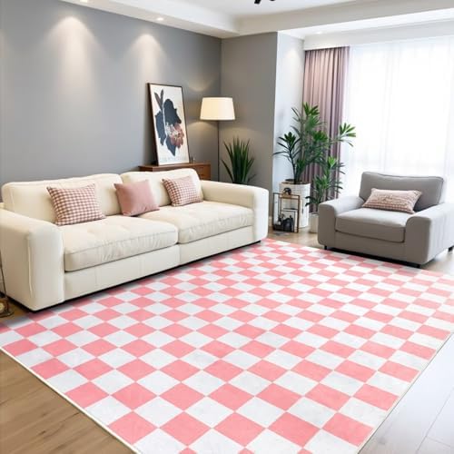 Terrug Pink and White Checkered Rug for Bedroom, 3x5 Washable Area Rugs - Image 2