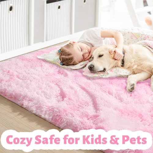 Amdrebio Pink White Fluffy Kawaii Area Rug 4x6 for Girls Bedroom Kids Room - Image 2
