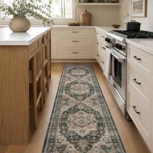 Rugshop Vintage Medallion Washable Non-Slip Runner Rug, 2'x12' Green by Rugshop