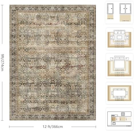 9x12 Area Rugs for Living Room - Washable Vintage Retro Large Rug, Soft Ultra Thin Non Slip Low Pile Traditional Distressed Boho Carpet for Bedroom Dining Room Home Office, Charcoal Olive - Image 2