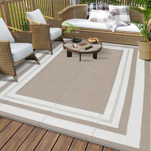GAOMON Outdoor Rug 8x10 Area Rugs for Patio Waterproof Plastic Straw Rug Reversible Patio Rugs RV Camping Outdoor Carpet for Porch Patio Outside RV Deck Balcony Picnic Beach Decor Border-Coffee by GaoMon
