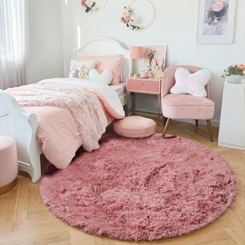 Amdrebio Blush Pink Small Round Furry Rug 3Ft for Kids Bedroom Girls Room - Image 2