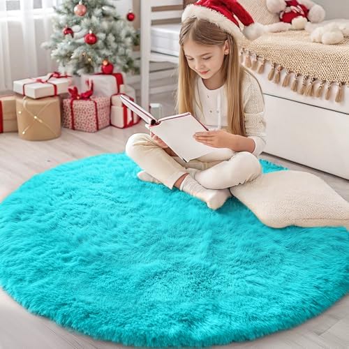 OLANLY Teal Blue Round Rugs for Bedroom - Machine Washable, 4 ft Circle Area Rugs for Living Room, Soft and Fluffy Shaggy Carpet for Teen Girls and Boys, Nursery Rooms, Dorms, Home Decor Aesthetic by OLANLY