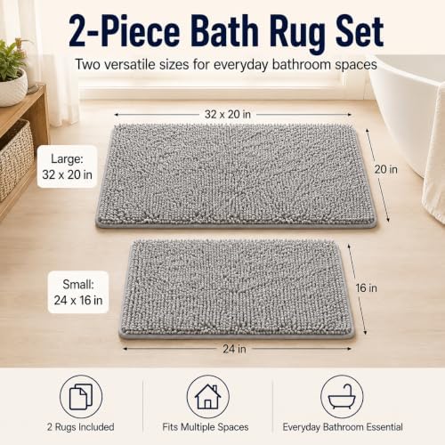 Bathroom Rugs Sets 2 Piece Plush Chenille Bath Rugs Non-Slip Bath Mats Absorbent Shaggy Rugs,Bathtub Mat, Gray Pet Dog Mats,Washable Bathroom Carpet for Tub, Shower, Washroom- 32x20 + 24x16 Inch - Image 2