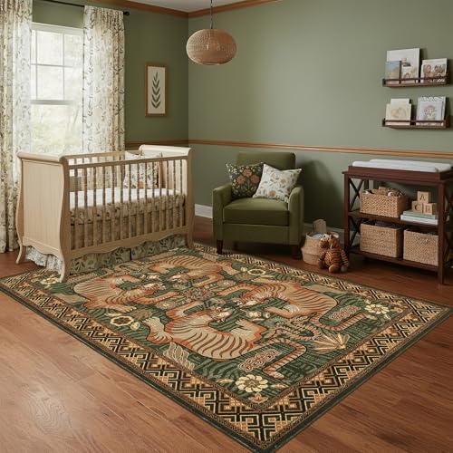 GarveeHome Tibetan Tiger 5x7 Area Rug Boho Green Washable Living Room - Image 2