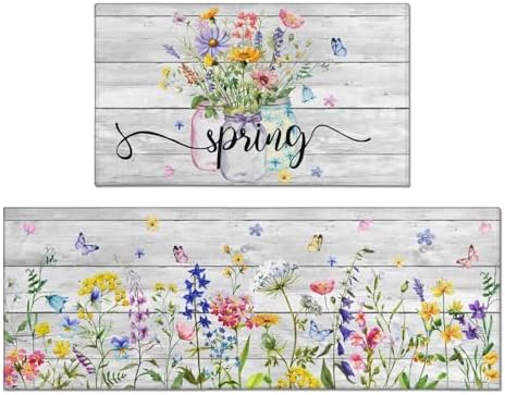 Spring Kitchen Rug Set of 2,Non-Slip Washable Kitchen Mats,Wood Grain Floral Kitchen Mats,Spring and Summer Holiday Decorations for Home Kitchen,17x30+17x47 Inch by Twyt+decor