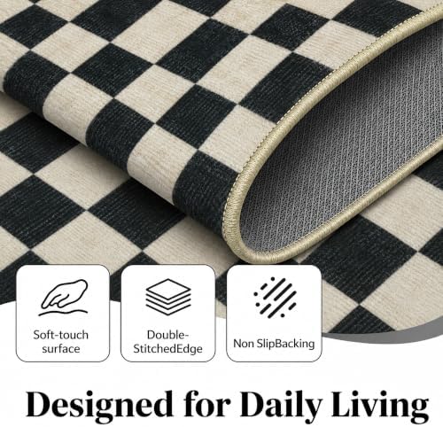 4x6 Checkered Area Rug for Living Room, Soft Low Pile Black & Beige rugs - Image 5