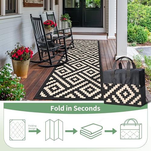 GENIMO Outdoor Rug, Waterproof Plastic Runner Rugs, 2.5'x8' Black Beige - Image 6