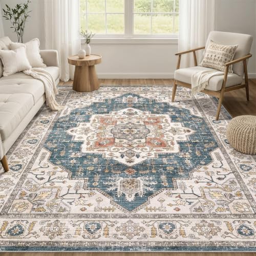 7x10 Area Rug: Washable Vintage Soft Blue Rugs for Living Room - Image 3