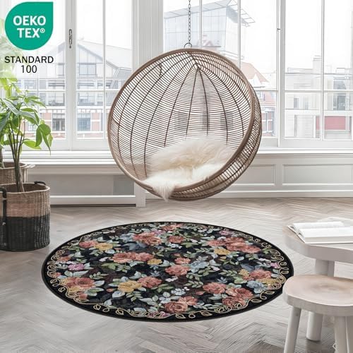 Washable 4ft Round Area Rug, Navy Boho Floral Non-Slip for Bedroom, Kitchen - Image 3