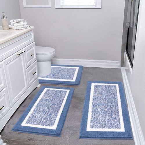 Pauwer 3 Piece Bathroom Rug Set, Non Slip Washable Bath Mat, Blue by Pauwer