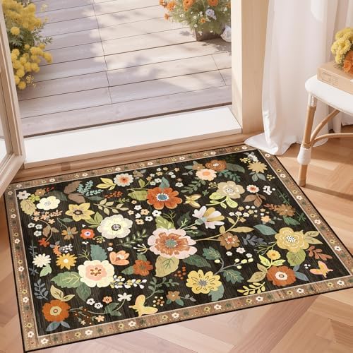 RELEANY Floral Washable 2x3 Area Rugs Doormat Black/Yellow by RELEANY