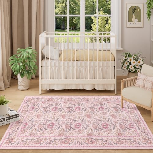 DUKINO 3x5 Rug, Washable Vintage Floral Bedroom Area Rug Non Slip, Pink - Image 3