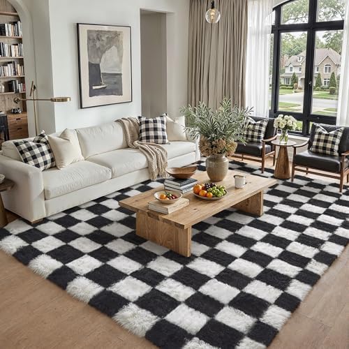 PureCozy Checkered Rug 9x12 for Living Room Black and White Soft Shag Rugs - Image 3