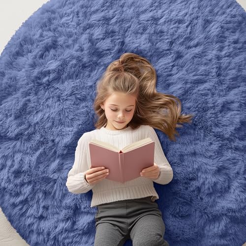 OLANLY Denim Blue Round Rugs for Bedroom - Machine Washable, 5 ft Circle Area Rugs for Living Room, Soft and Fluffy Shaggy Carpet for Teen Girl and Boys, Nursery Rooms, Dorms, Home Decor Aesthetic by OLANLY