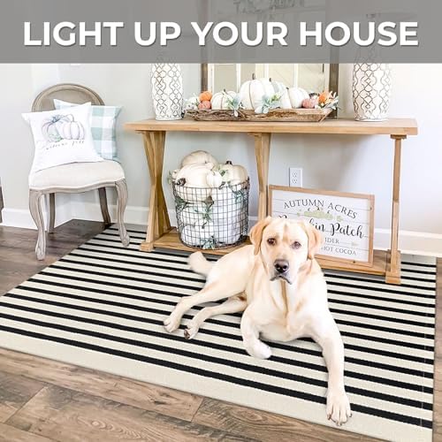 IOHOUZE 3x5 Striped Outdoor Rug, Washable Front Porch, Black Beige - Image 4