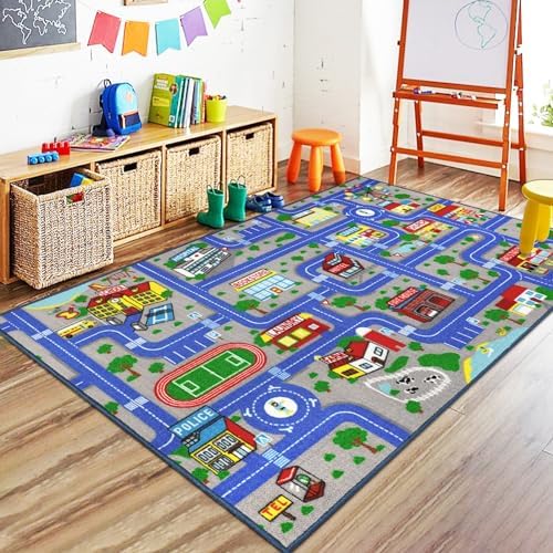 Capslpad Blue Car Road Kid Rug Carpet Playmat for Playoom Traffic Road Kids Play Mat for Toddler Non Slip Washable City Map Race Track Carpet Rug for Kids Room Bedroom Nursery Room Decor,5.2'x3.3' by CapslpadDirect