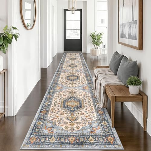 KUTA Vintage Washable Runner Rug 2.6x14 Hallway Kitchen Runners Ivory Blue by KUTA