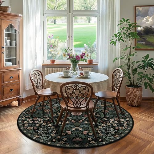 Round Rug 5ft Floral Circle Rug Black Botanical Indoor Area Rugs - Image 3