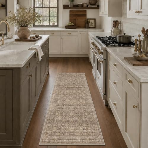 JOOJA 2x6 Neutral Tan Vintage Low Pile Non Slip Washable Boho Runner Rug by JOOJA