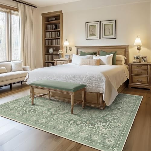 Soft Sage Green 5x8 Area Rugs for Living Room, Cozy Cottagecore Dining Room Rug Washable Non Slip, Modern Vintage Medallion Low Pile Thin Carpet Rugs for Den/Bedroom/Foyer/Home Office - Image 3