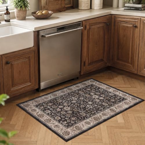 Washable 2x3 Entryway Soft Area Rug Vintage Charcoal Beige Door Mat - Image 2
