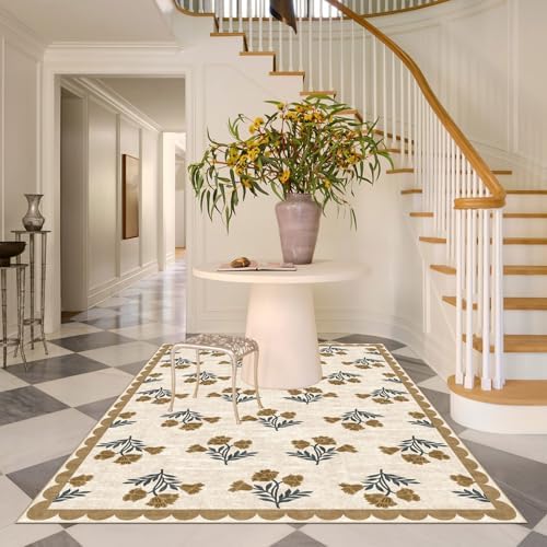 Beige 5x8 Living Room Area Rug - Washable Boho Floral Scalloped Bedroom Rug Stain Resistant Dining Room Rugs for Under Table Non Slip Cottage Farmhouse Rugs for Living Room Nursery Foyer Decor - Image 7