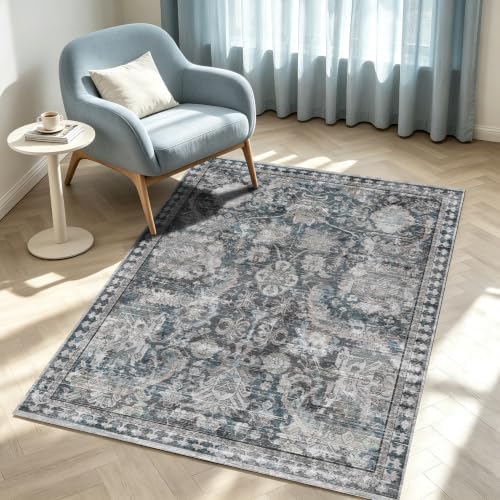 RUGSURE Washable Area Rugs - Perfect for Living Room, Bedroom, Kids Room, Nursery - Stain & Water Resistant Non-Slip, Pet & Child Friendly, Vintage Tribal Area Rugs (Grey and Blue, 3' x 5 ') - Image 4