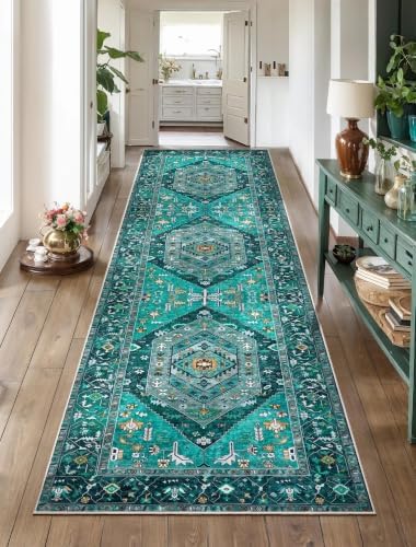 SERISSA 2'6"x8' Washable Non Slip Boho Runner Rug for Hallway，Teal by SERISSAHomeDecorCollection