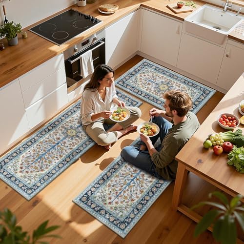 HEBE Boho Kitchen Rugs Set of 3, Non Slip Washable Kitchen Mats for Floor - Image 3