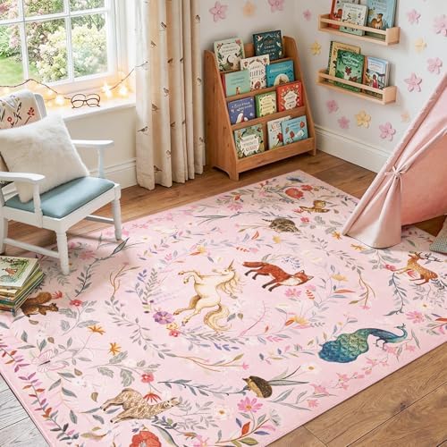 jinchan 5x7 Kids Playroom Rug Washable Girls Room Unicorn Rug Lavender Pink - Image 2