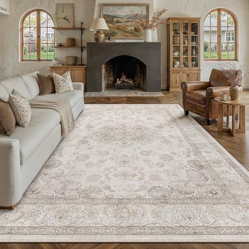 PureCozy Beige 9x12 Washable Area Rug Living Room Vintage Distressed Carpet by PureCozy