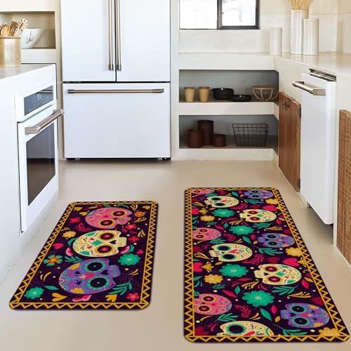 Mexican Skulls Kitchen Mat Set of 2, Halloween Kitchen Rugs Colorful Sugar Skull Calavera Day of The Dead Kitchen Rug Decor Home Decorations, Día de Los Muertos Floor Mat - Image 2