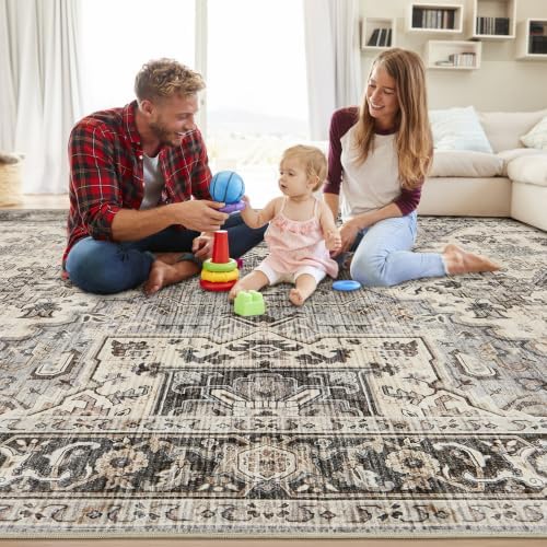 Area Rug for Living Room - 10x12 Soft Washable Oriental Vintage Floral Distressed Large Carpet - Fade Stain Resistant Non Slip Rugs for Bedroom Dining Room Nursery Dorm Office Home Decor - Brown - Image 4