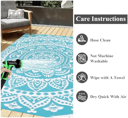 Bsmathom Waterproof Outdoor Rug 9x12ft Large Reversible Boho Plastic Straw Patio Deck Camping Rugs, Indoor Outdoor Portable RV Mat Carpet for Outside, Porch, Balcony, Backyard, Beach, Pool,Teal - Image 6