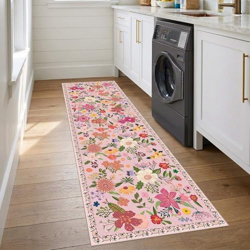 Pink Floral Hallway Kitchen Runner Rug 2'6"x8' Washable Rug - Image 5