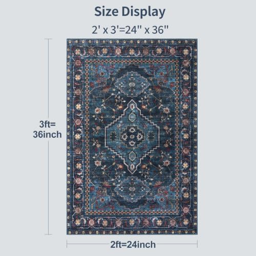 Tangsoo Oriental Blue Small 2x3 Washable Rugs, Vintage Non Slip Rug Carpet, Indoor Front Door Rug for Entryway, Door Mat Indoor Entrance Soft Low Pile Throw Rugs for Entry Kitchen Bedroom Home Decor - Image 2