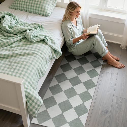 Beeiva Checkered Print Bathroom Runner Rug 2x6, Washable Non Slip Runner Rug for Hallway Ultra Thin Soft 2x6 Capet for Bedroom Decor, Modern Diamond Alfombra for Kitchen Laundry Entryway (Green/White) - Image 5