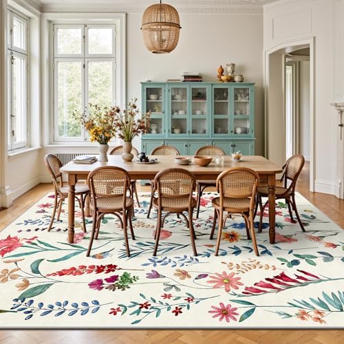 8x10 Area Rugs, Machine Washable Low Pile Floral Rugs for Living Room, Bedroom, Large Area Rug with Non-Slip Backing for Dining Room(Beige Floral) - Image 5